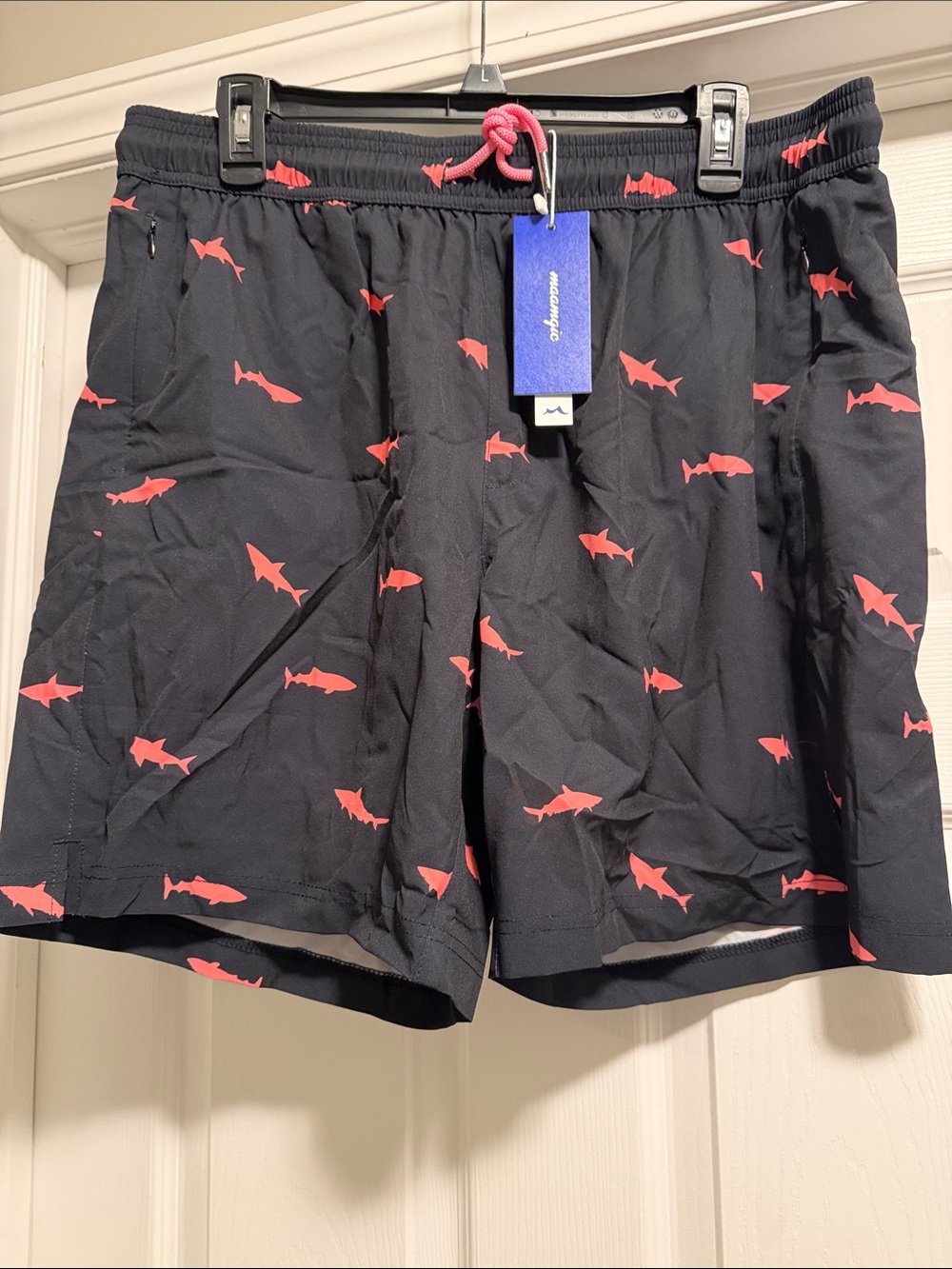 Men's Black Swim Trunks with Pink Shark Print
